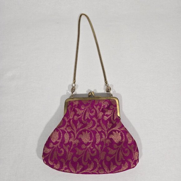 VINTAGE - ANTIQUE Bridgerton Hipster FUCHSIA Embellished Gold Details Clutch Bag - Picture 4 of 17